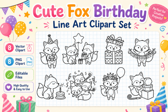 Cute Fox Birthday Line Art Clipart Set
