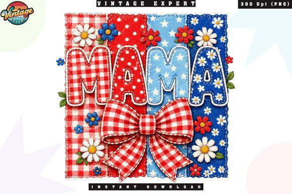 Floral Mama Patriotic Patchwork PNG: A Vintage Americana Design for Creators