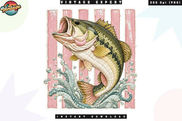 Vintage Pink Bass Fishing Patchwork PNG