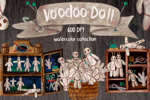 Voodoo Doll Watercolor Set: Mysterious Design Assets