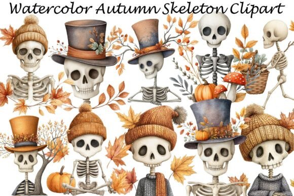 Watercolor Autumn Skeleton Clipart: A Unique Blend of Whimsy and Seasonal Charm