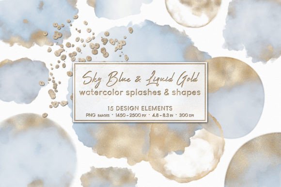 Watercolor Splashes Sky Blue Liquid Gold